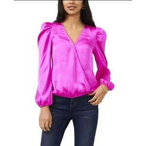 Sam & Jess Womens Sz M Satin Surplice Long Sleeve Puff Shoulder Top Pink Silky